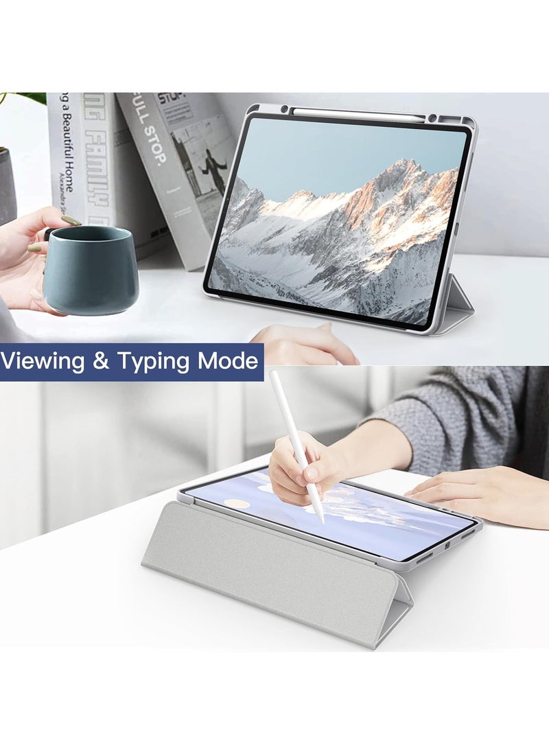 Case for iPad Pro 12.9-Inch (2022/2021/2020/2018) with Pencil Holder, Slim Stand Protective Cover with Clear Transparent Back Shell for iPad Pro 12.9 inch Tablet, Support Auto Wake/Sleep, (Grey)