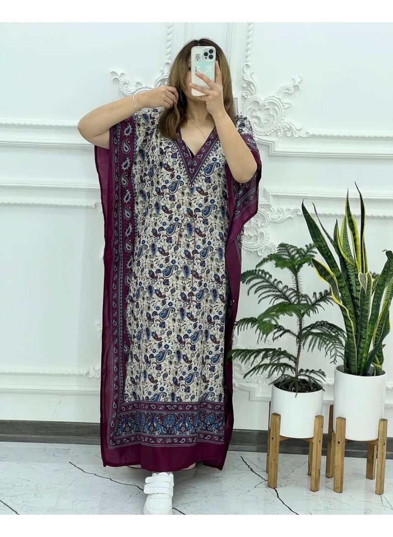Women's Dark Reddish-Brown Multi Paisley Print Long Maxi Kaftan Dress with V-Neck