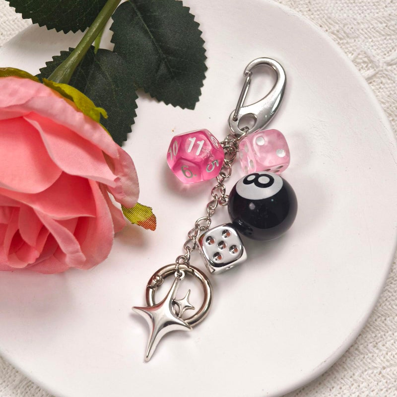 Nalefow Y2K Keychain for Women, 8 Ball Dice Charm with Carabiner Clip - Cute Goth Core Keychain Bag Charm for Keys Bags Jeans (Pink) - Image 2