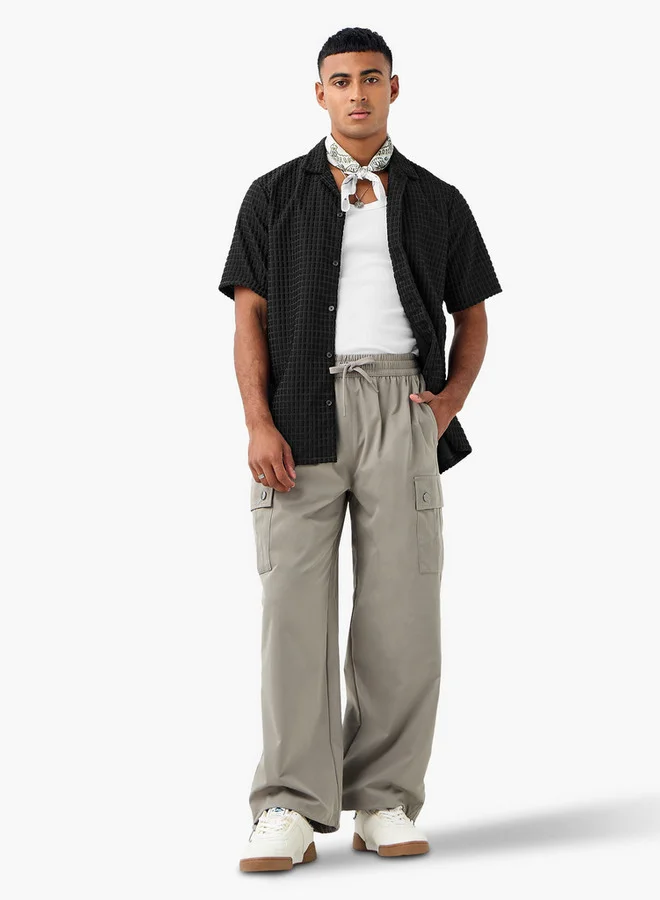 Splash FAV Regular Fit Dobby Textured Shirt with Camp Collar and Short Sleeves