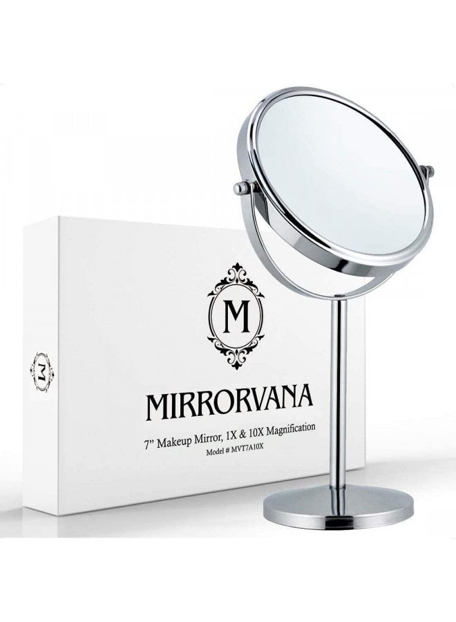 MIRRORVANA 10X Magnifying Makeup Mirror on Round Stand for Tabletop, Bedroom Vanity Desk and Bathroom Counter - Free Standing Double Sided 10X/1X Magnification Mirror - 7" Wide and 14" Tall (Chrome) - Image 1
