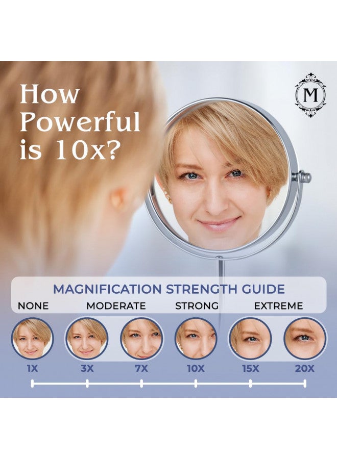 MIRRORVANA 10X Magnifying Makeup Mirror on Round Stand for Tabletop, Bedroom Vanity Desk and Bathroom Counter - Free Standing Double Sided 10X/1X Magnification Mirror - 7" Wide and 14" Tall (Chrome) - Image 5