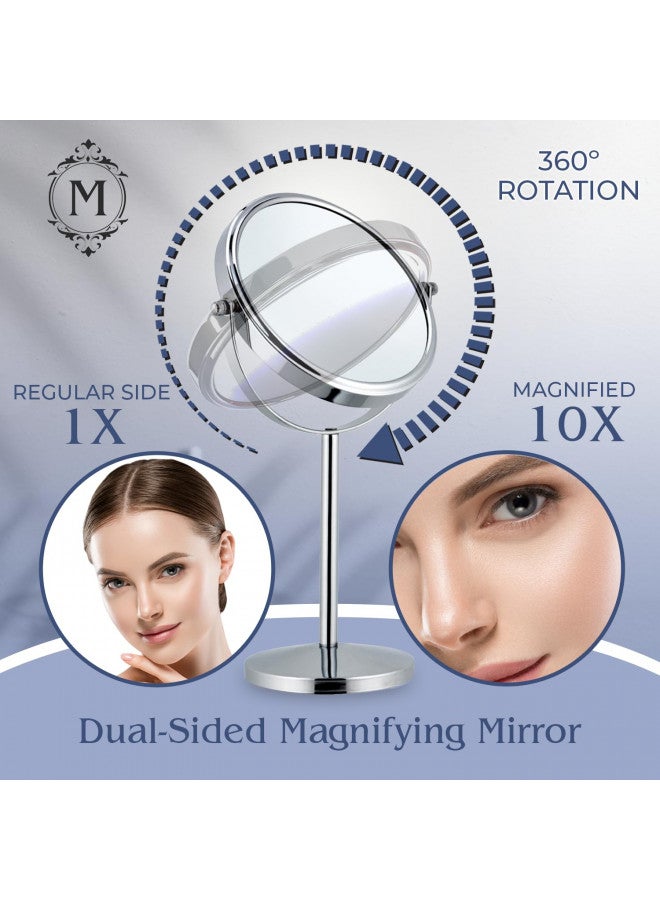 MIRRORVANA 10X Magnifying Makeup Mirror on Round Stand for Tabletop, Bedroom Vanity Desk and Bathroom Counter - Free Standing Double Sided 10X/1X Magnification Mirror - 7" Wide and 14" Tall (Chrome) - Image 2