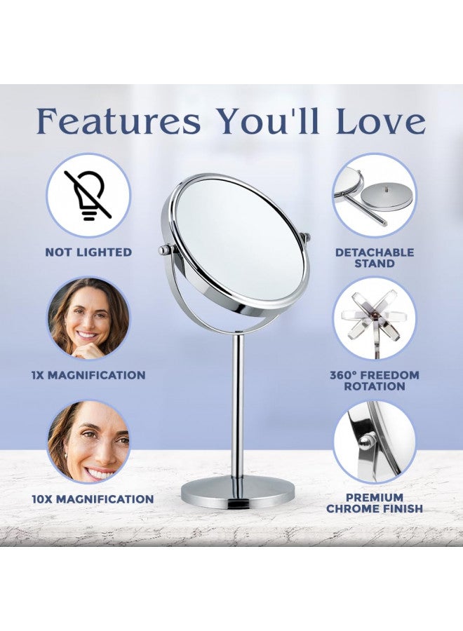 MIRRORVANA 10X Magnifying Makeup Mirror on Round Stand for Tabletop, Bedroom Vanity Desk and Bathroom Counter - Free Standing Double Sided 10X/1X Magnification Mirror - 7" Wide and 14" Tall (Chrome) - Image 3