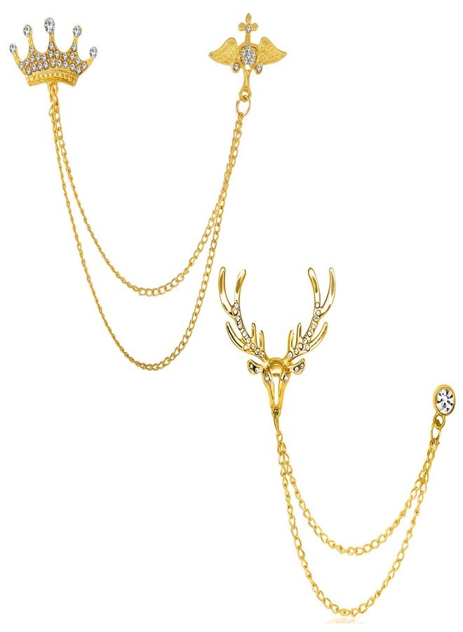 Okos Gold Plated Men'S Jewellery Combo Of 2 Indo Western Reindeer And Long Chain Royal Crown Alloy Brooch Lapel Pin Studded With White Crystal Stones For Boys And Men CO1000378 - Image 1