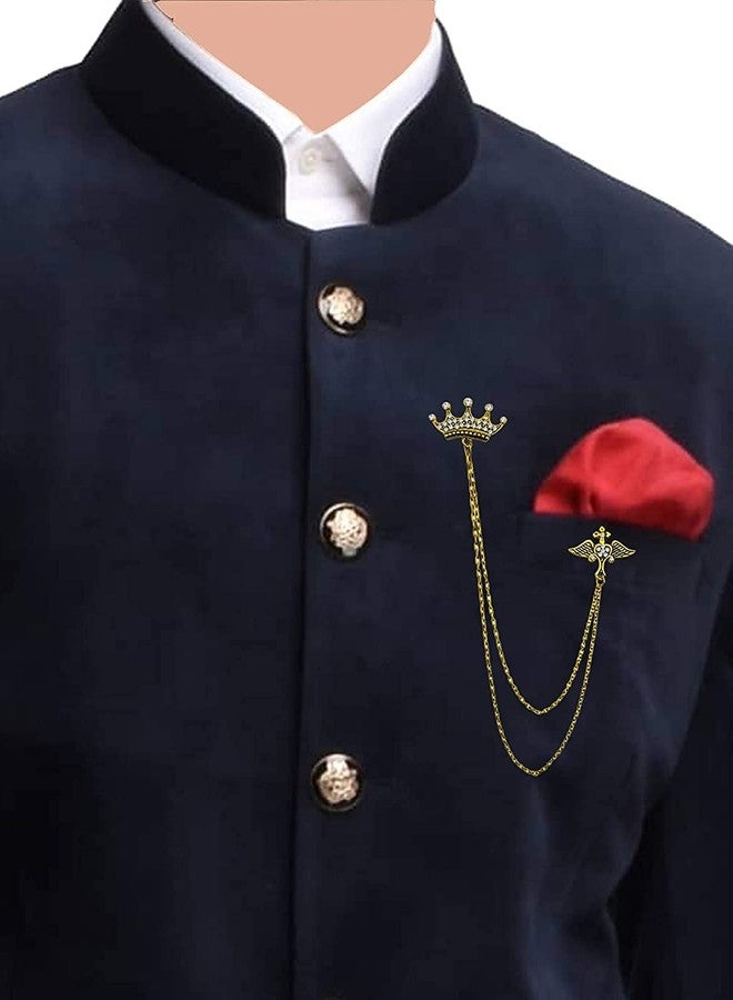 Okos Gold Plated Men'S Jewellery Combo Of 2 Indo Western Reindeer And Long Chain Royal Crown Alloy Brooch Lapel Pin Studded With White Crystal Stones For Boys And Men CO1000378 - Image 4