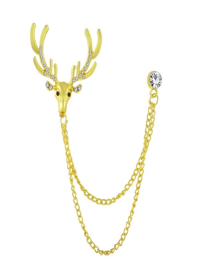 Okos Gold Plated Men'S Jewellery Combo Of 2 Indo Western Reindeer And Long Chain Royal Crown Alloy Brooch Lapel Pin Studded With White Crystal Stones For Boys And Men CO1000378 - Image 3