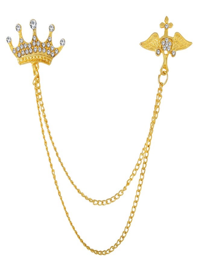 Okos Gold Plated Men'S Jewellery Combo Of 2 Indo Western Reindeer And Long Chain Royal Crown Alloy Brooch Lapel Pin Studded With White Crystal Stones For Boys And Men CO1000378 - Image 2