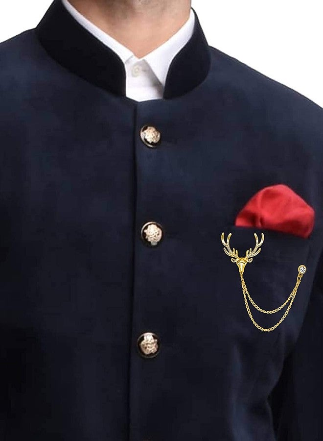 Okos Gold Plated Men'S Jewellery Combo Of 2 Indo Western Reindeer And Long Chain Royal Crown Alloy Brooch Lapel Pin Studded With White Crystal Stones For Boys And Men CO1000378 - Image 5