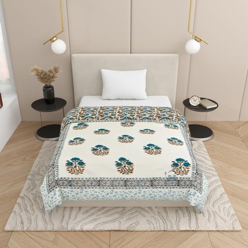 AARMOZY Cotton Single Bed Hand Block Floral Buta Net Print QuiltRajai Blanket SkyBrown 60x90 inches - Image 3
