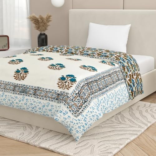 AARMOZY Cotton Single Bed Hand Block Floral Buta Net Print QuiltRajai Blanket SkyBrown 60x90 inches - Image 5
