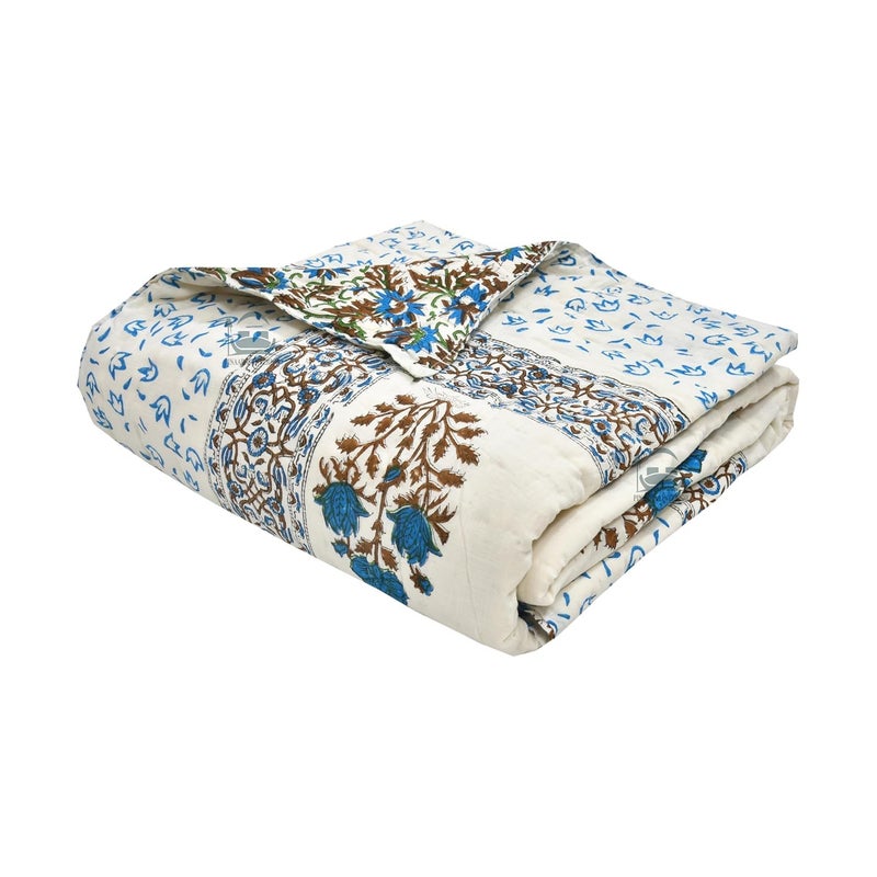 AARMOZY Cotton Single Bed Hand Block Floral Buta Net Print QuiltRajai Blanket SkyBrown 60x90 inches - Image 2