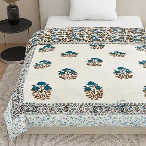 AARMOZY Cotton Single Bed Hand Block Floral Buta Net Print QuiltRajai Blanket SkyBrown 60x90 inches - Image 4