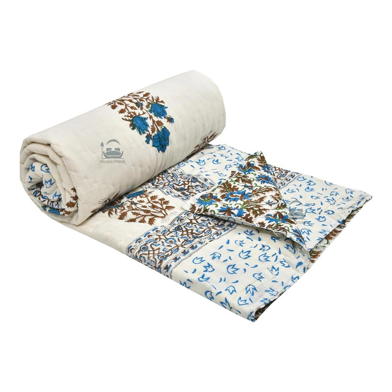 AARMOZY Cotton Single Bed Hand Block Floral Buta Net Print QuiltRajai Blanket SkyBrown 60x90 inches - Image 1