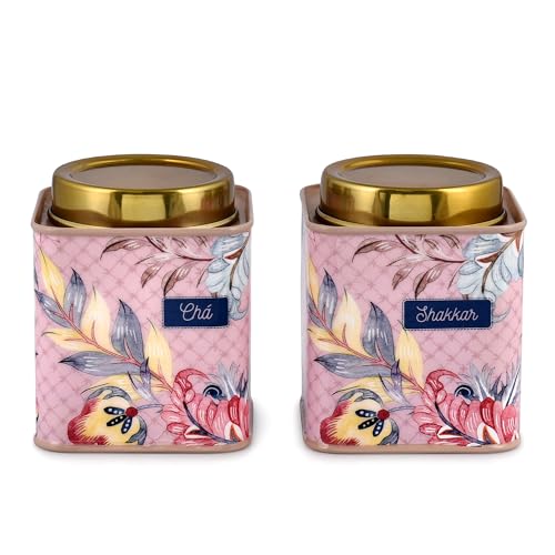 Elan Gingham & Blooms Air-Tight Stainless Steel Cha Shakkar Square Container | Tea Sugar Kitchen Organizer Jar | Steel Dabba Set of 2 (Printed Dusty Pink, 650ml Each) - Image 5