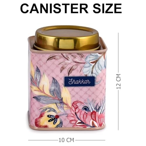 Elan Gingham & Blooms Air-Tight Stainless Steel Cha Shakkar Square Container | Tea Sugar Kitchen Organizer Jar | Steel Dabba Set of 2 (Printed Dusty Pink, 650ml Each) - Image 2