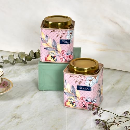 Elan Gingham & Blooms Air-Tight Stainless Steel Cha Shakkar Square Container | Tea Sugar Kitchen Organizer Jar | Steel Dabba Set of 2 (Printed Dusty Pink, 650ml Each) - Image 1