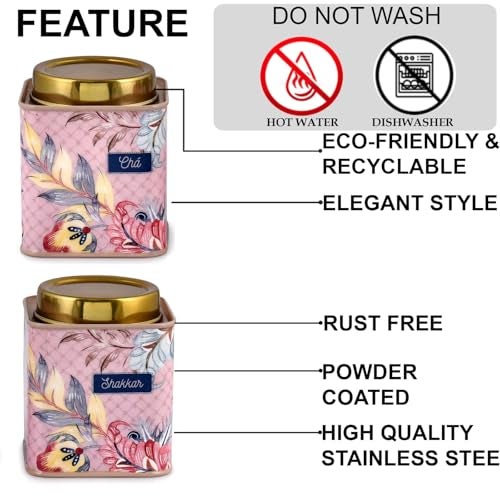 Elan Gingham & Blooms Air-Tight Stainless Steel Cha Shakkar Square Container | Tea Sugar Kitchen Organizer Jar | Steel Dabba Set of 2 (Printed Dusty Pink, 650ml Each) - Image 4