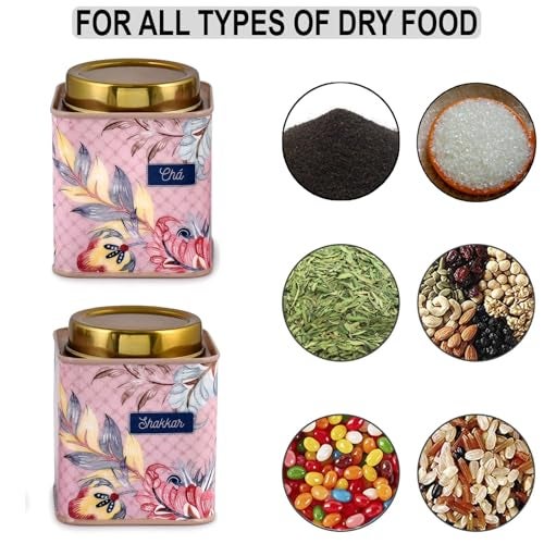 Elan Gingham & Blooms Air-Tight Stainless Steel Cha Shakkar Square Container | Tea Sugar Kitchen Organizer Jar | Steel Dabba Set of 2 (Printed Dusty Pink, 650ml Each) - Image 3