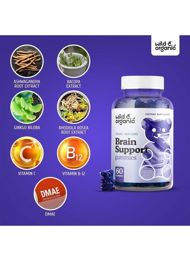 Wild & Organic - Brain Booster Gummies - Natural Nootropic Dietary Supplement to Support Cognitive Function, Sharpen Memory - Ashwagandha, Bacopa, Ginkgo Biloba, Rhodiola Rosea, DMAE - 60 Chewables - Image 1