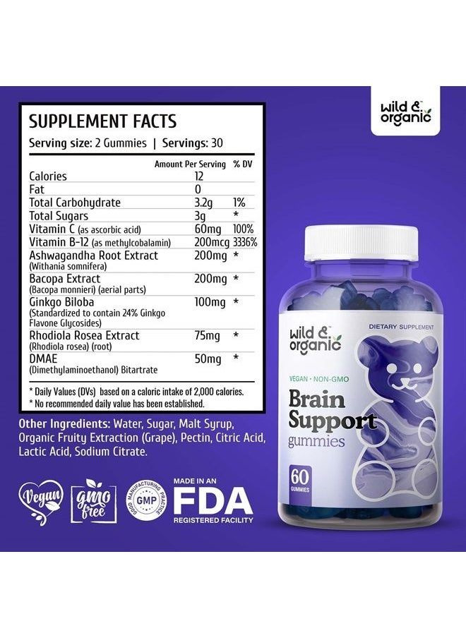 Wild & Organic - Brain Booster Gummies - Natural Nootropic Dietary Supplement to Support Cognitive Function, Sharpen Memory - Ashwagandha, Bacopa, Ginkgo Biloba, Rhodiola Rosea, DMAE - 60 Chewables - Image 1