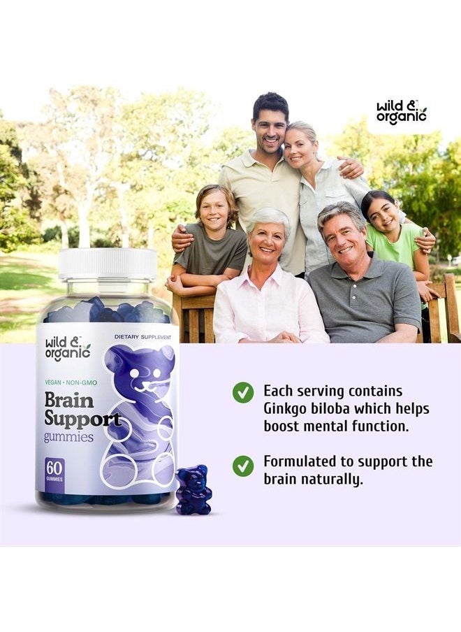 Wild & Organic - Brain Booster Gummies - Natural Nootropic Dietary Supplement to Support Cognitive Function, Sharpen Memory - Ashwagandha, Bacopa, Ginkgo Biloba, Rhodiola Rosea, DMAE - 60 Chewables - Image 1