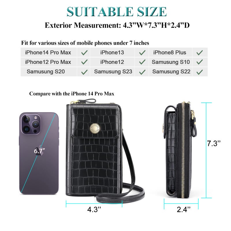 Peacocktion Small Crossbody Bags for Women, Trendy Leather RFID Cell Phone Wallet, Pattern Crossbody Purses with Zipper Black - Image 5