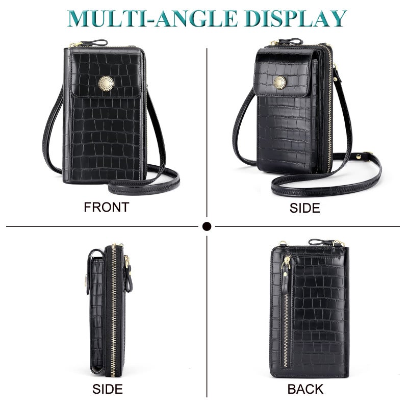 Peacocktion Small Crossbody Bags for Women, Trendy Leather RFID Cell Phone Wallet, Pattern Crossbody Purses with Zipper Black - Image 2