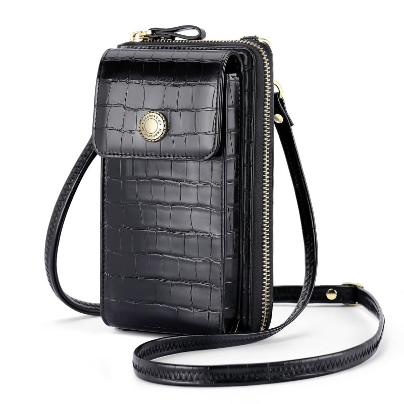 Peacocktion Small Crossbody Bags for Women, Trendy Leather RFID Cell Phone Wallet, Pattern Crossbody Purses with Zipper Black - Image 1