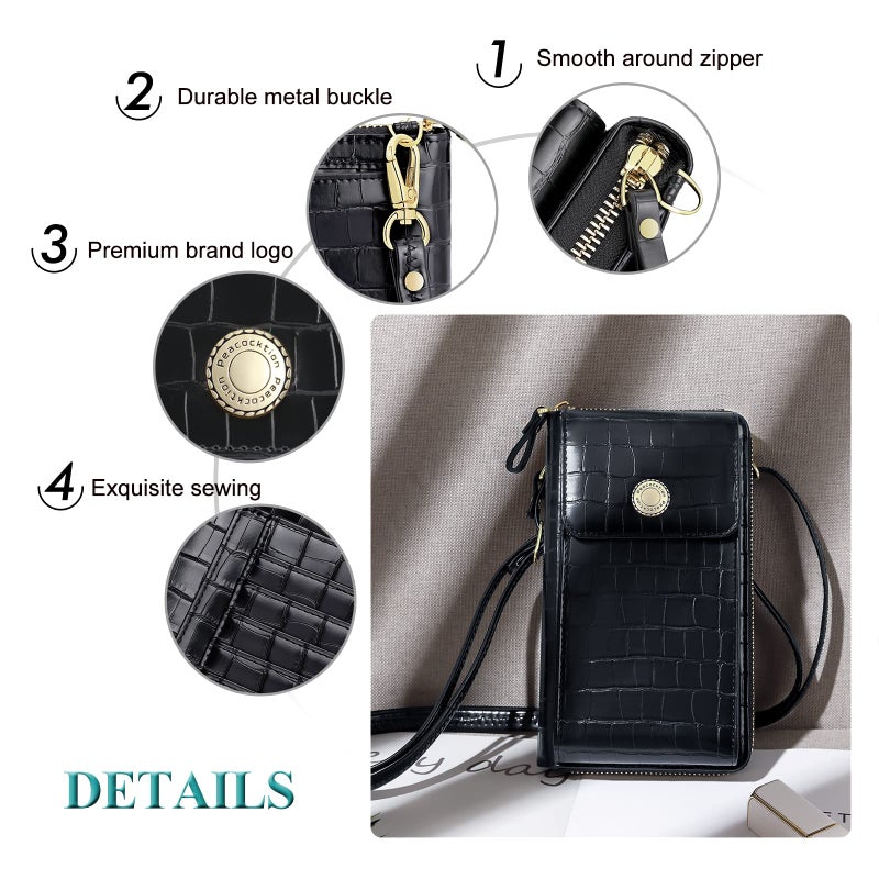 Peacocktion Small Crossbody Bags for Women, Trendy Leather RFID Cell Phone Wallet, Pattern Crossbody Purses with Zipper Black - Image 4