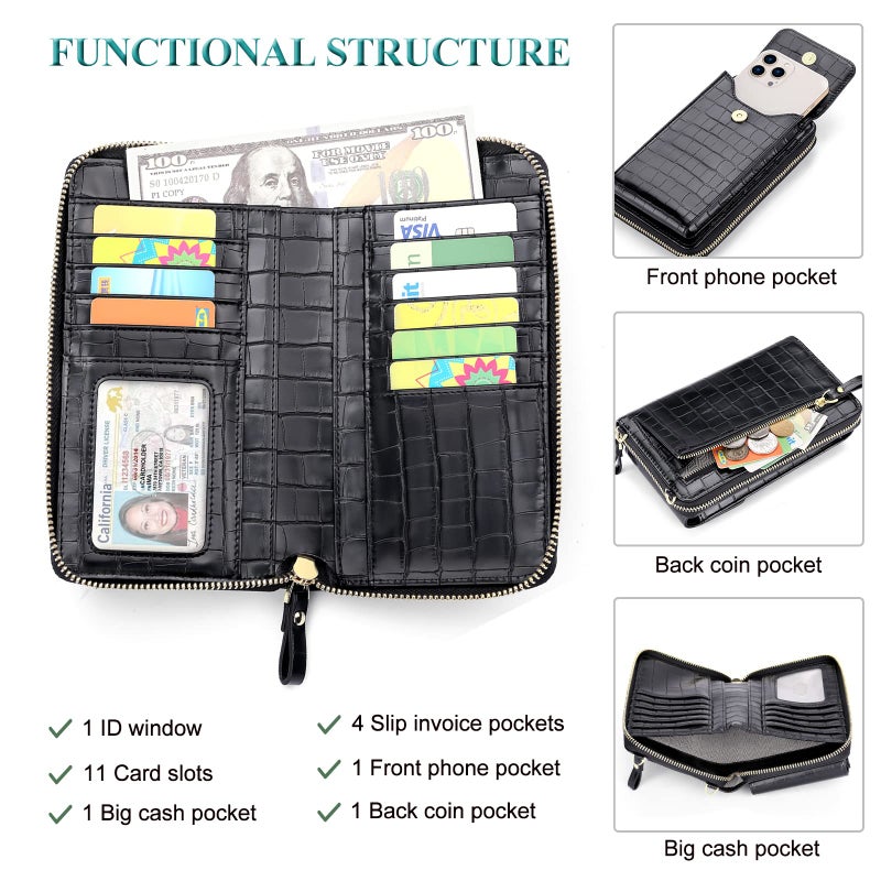 Peacocktion Small Crossbody Bags for Women, Trendy Leather RFID Cell Phone Wallet, Pattern Crossbody Purses with Zipper Black - Image 3