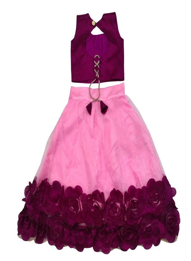 SR CREATION Girl's Heavy Bright Net & Ribbon Embroidery Readymade Lehenga Choli & Dupatta Set (Pink 7-8 YEARS) - Image 2