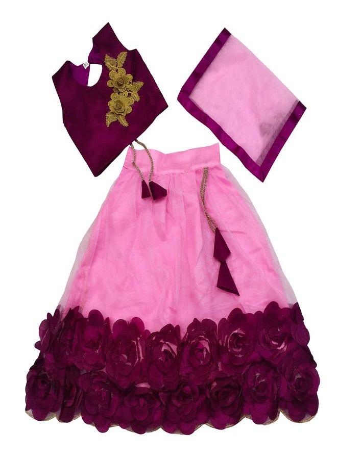 SR CREATION Girl's Heavy Bright Net & Ribbon Embroidery Readymade Lehenga Choli & Dupatta Set (Pink 7-8 YEARS) - Image 1
