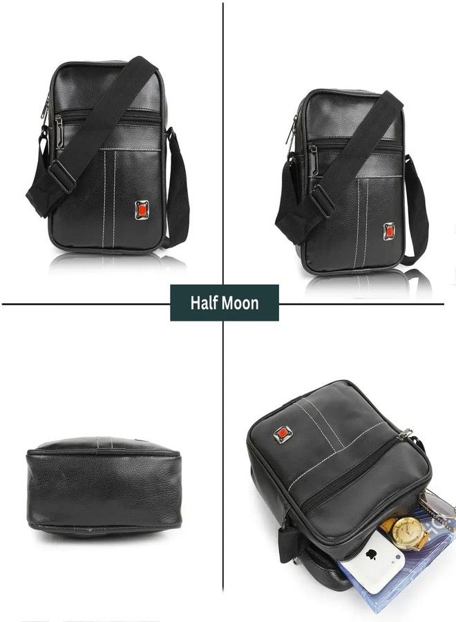 Half Moon Men's Faux Leather Sling Bag - Crossbody Messenger & Travel-Friendly Passport Sling For Biking & Men Travel | Compact Side Shoulder Chest Slinger Bag, Carry Pouch For Cash Collection (Black) - Image 4