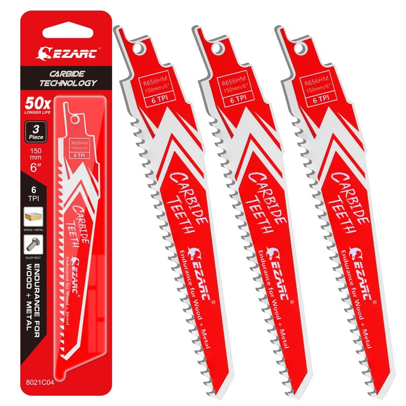 EZARC Carbide Reciprocating Saw Blades 6-Inch, Endurance Sabre Saw Blade Set for Hard Wood and Metal Demolition 6TPI, 3-Pack R656HM - Image 1