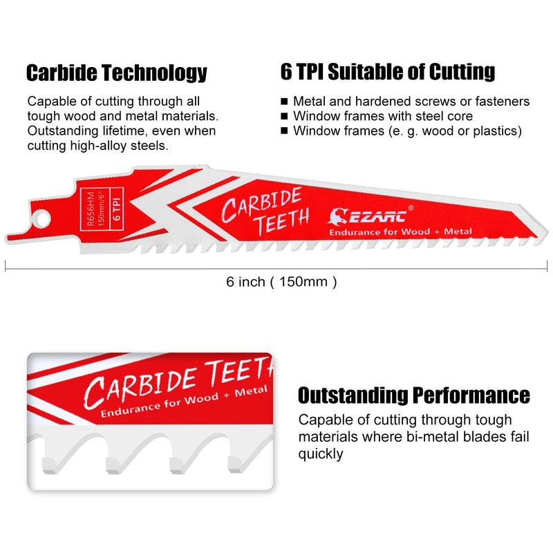 EZARC Carbide Reciprocating Saw Blades 6-Inch, Endurance Sabre Saw Blade Set for Hard Wood and Metal Demolition 6TPI, 3-Pack R656HM - Image 2