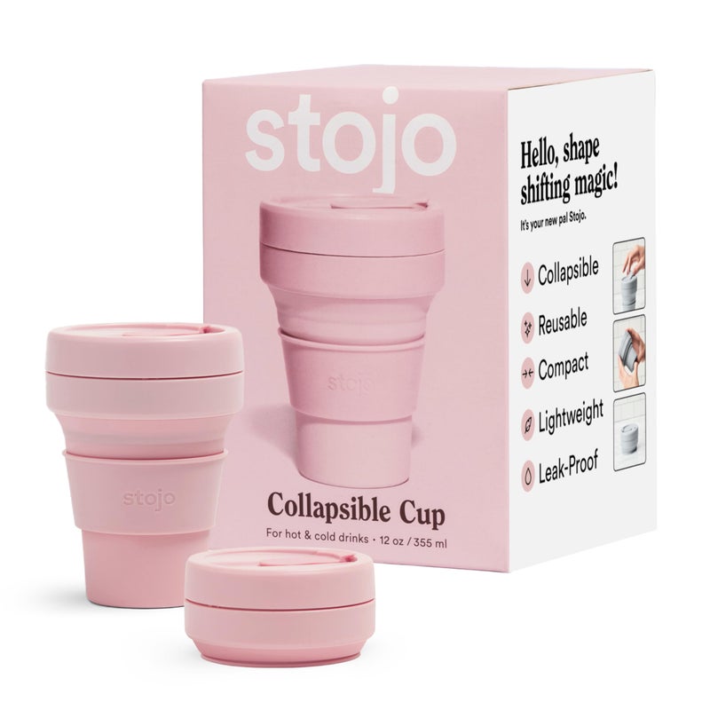 Stojo STOJO Collapsible Travel Cup - Carnation Pink, 12oz / 355ml - Leak-Proof Reusable To-Go Pocket Size Silicone Bottle for Hot & Cold Drinks - Camping & Hiking - Dishwasher Safe - No Straw Included  - Image 1