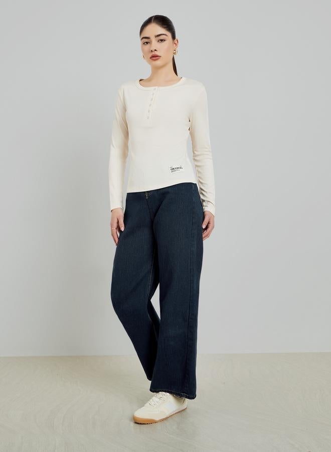 Styli Beige Ribbed Henley Long Sleeve T-Shirt - Image 2