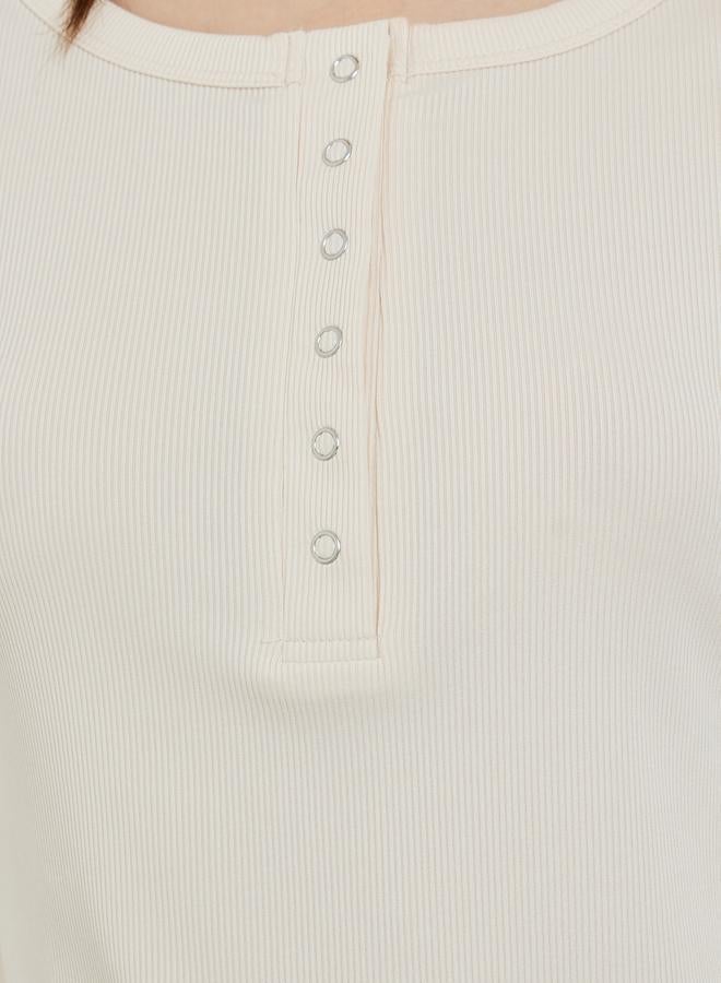 Styli Beige Ribbed Henley Long Sleeve T-Shirt - Image 5