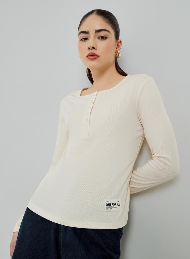 Styli Beige Ribbed Henley Long Sleeve T-Shirt - Image 1