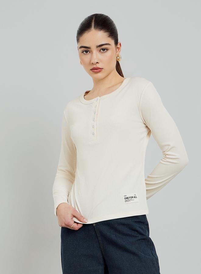 Styli Beige Ribbed Henley Long Sleeve T-Shirt - Image 3