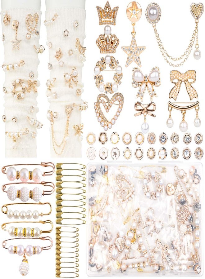 DoDoBeads 60 Pcs Junk Socks Charms Kit, Gold Charms for Socks, Brooches and Pins for Women, Charms for Socks Safety Pin, Junk Charms for Socks, Pearl Sock Charms, Rhinestone Junk Socks Charms - Image 1