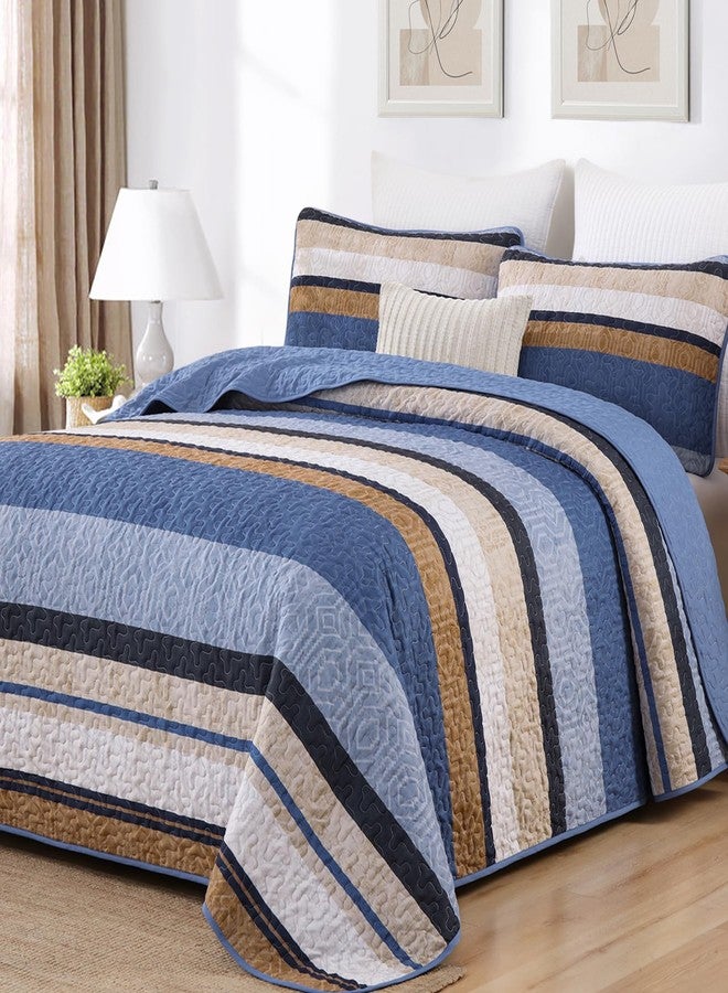 Dobuyly Blue Queen Quilt Set, Boho Bedspread Queen Size, Striped Bedding Sets 3 Pieces, Lightweight Soft Coverlet Bed Sets with 2 Pillow Shams 96"x90" - Image 1