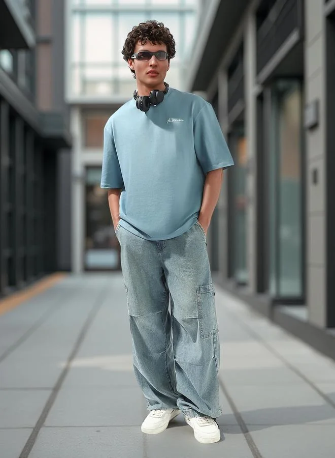 Hubberholme Men's Blue 100% Cotton Solid Oversized T-Shirt