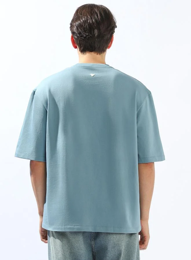 Hubberholme Men's Blue 100% Cotton Solid Oversized T-Shirt
