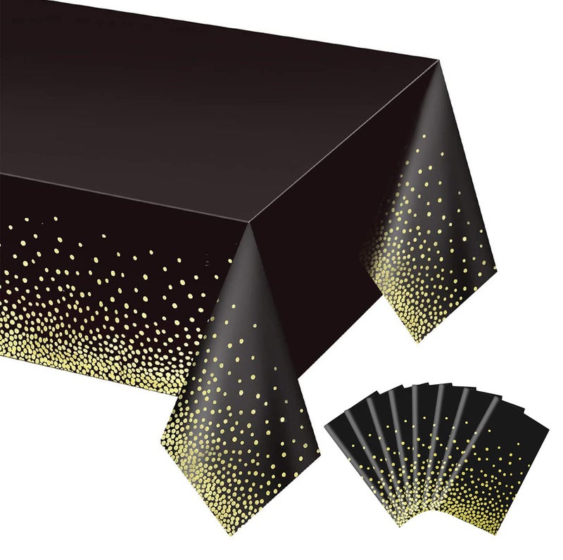 Gexolenu 8 Pack Black and Gold Tablecloth for Rectangle Tables Plastic Disposable Dot Confetti Party Table Covers for Birthday Graduation New Year Party Anniversary 54 x 108