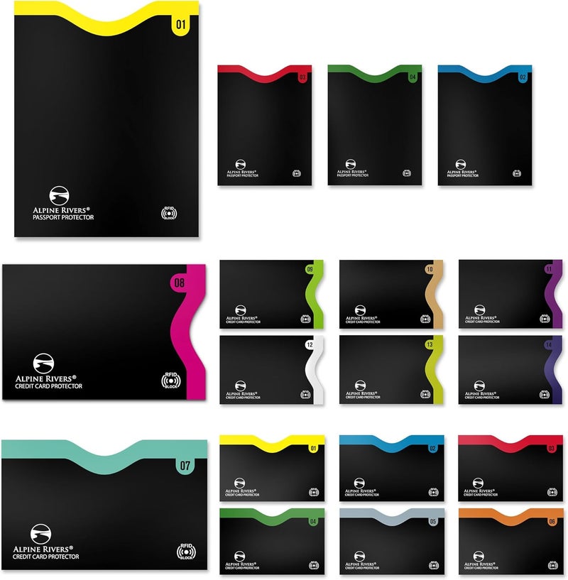 Alpine Rivers RFID Blocking Credit Card Sleeves 18-Piece Set – 14 Color-Coded Card Protectors with 4 Passport Holders – Slim Water-Resistant Anti-Theft Protection for Travel - Image 1