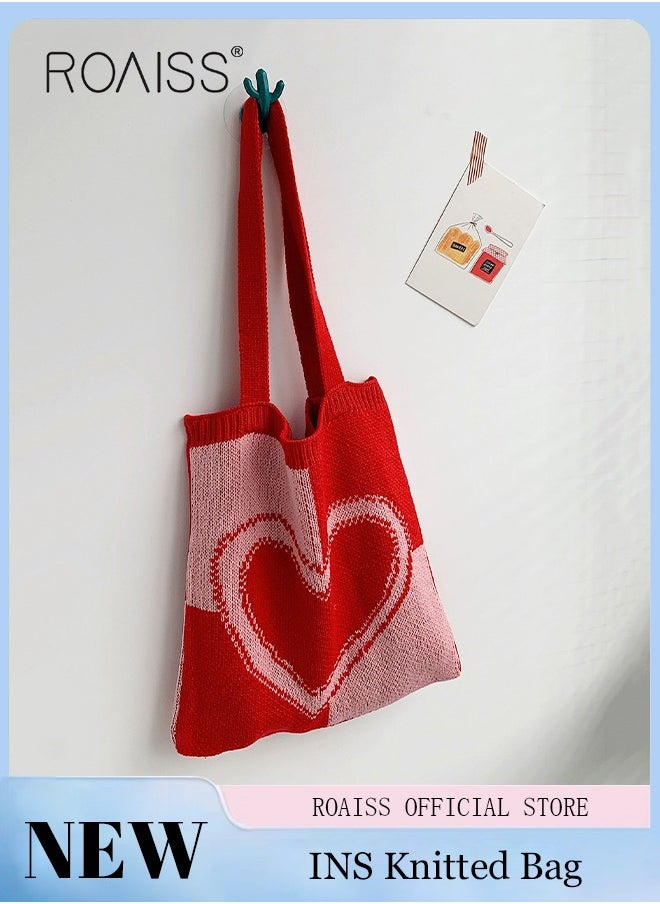 roaiss - Women's Shoulder Bag Knitted Bag Cute Simple Love Pattern Tote Bag Commuter Bag - Image 1