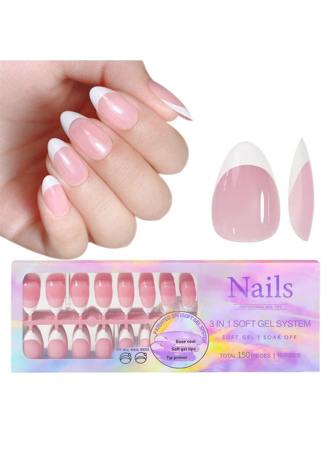 general French Gel Nail Tips, 150 Medium Coffin Snap Soft Gel Fake Nails, 3-in-1 Coat, Pre-applied X-Coats & Primer, 15 Sizes of Nail Extensions No File Required