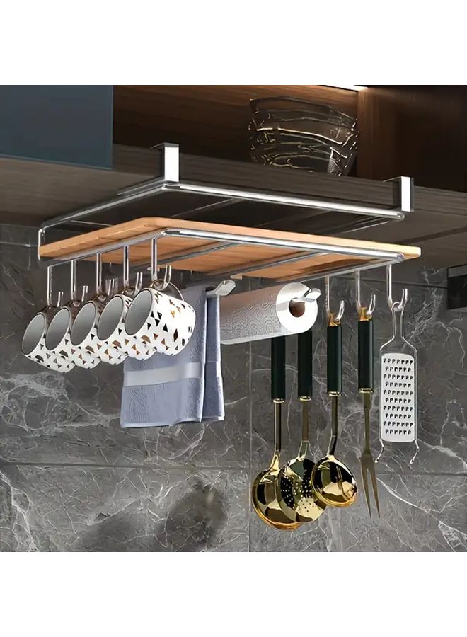 Silvery Stainless Steel Hanging Kitchen Storage Rack With Mug Hooks Paper Towel Holder - Image 5